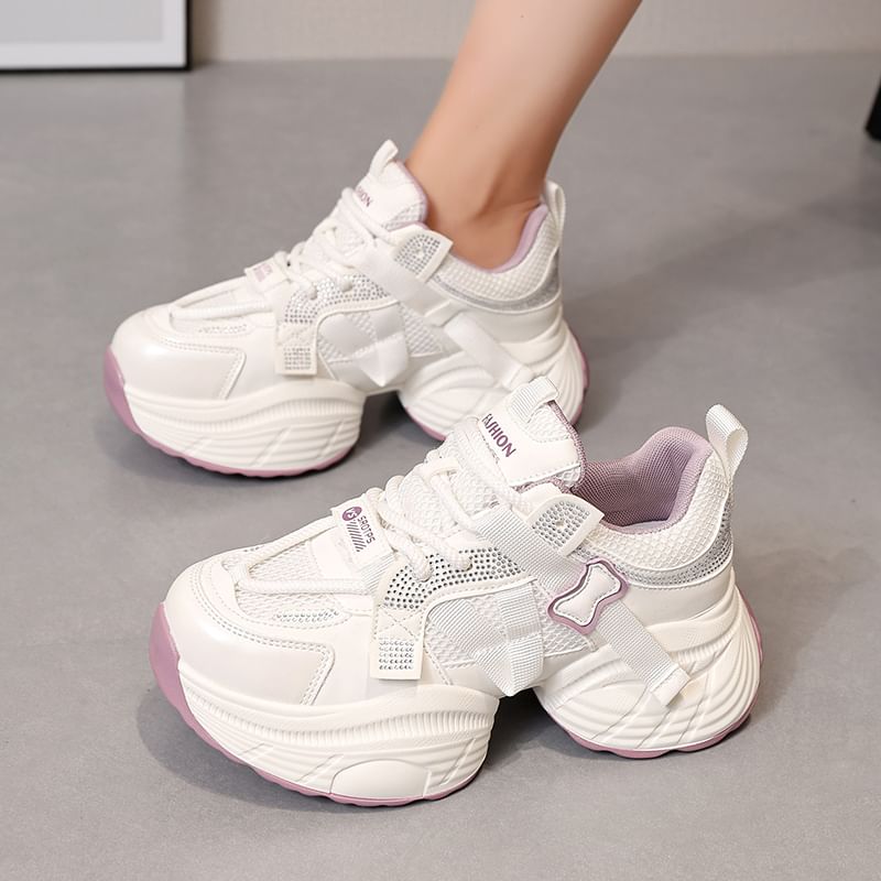 Mesh Faux Platform Leather Panel Sneakers Rhinestone Lace-Up