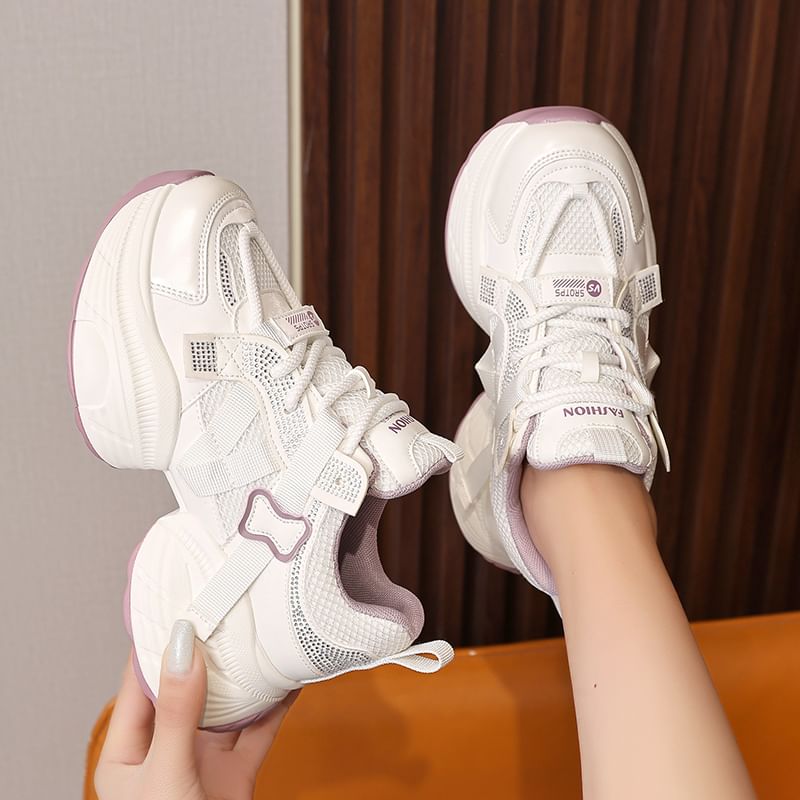 Mesh Faux Platform Leather Panel Sneakers Rhinestone Lace-Up