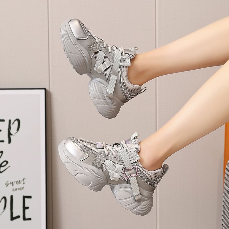 Mesh Faux Platform Leather Panel Sneakers Rhinestone Lace-Up