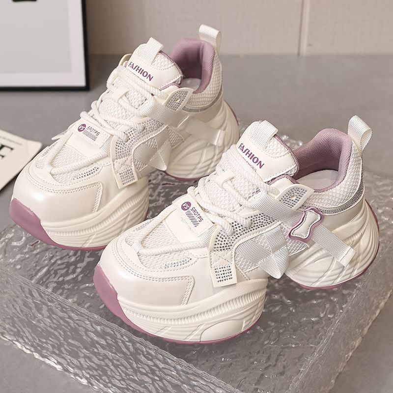 Mesh Faux Platform Leather Panel Sneakers Rhinestone Lace-Up