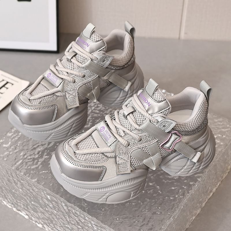 Mesh Faux Platform Leather Panel Sneakers Rhinestone Lace-Up