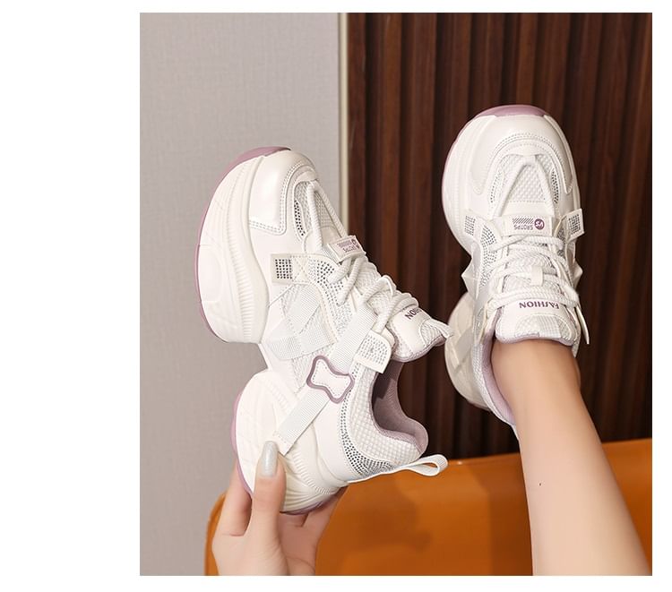 Mesh Faux Platform Leather Panel Sneakers Rhinestone Lace-Up