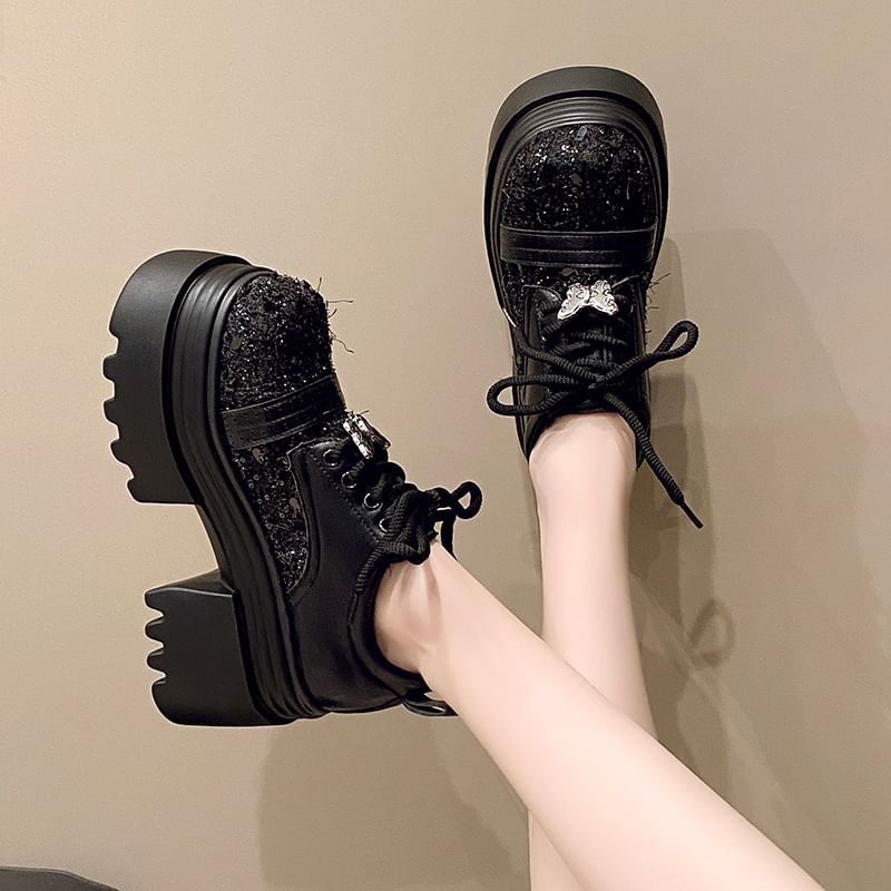 Platform Lace-Up Shoes Panel Brogue Leather Faux Tweed