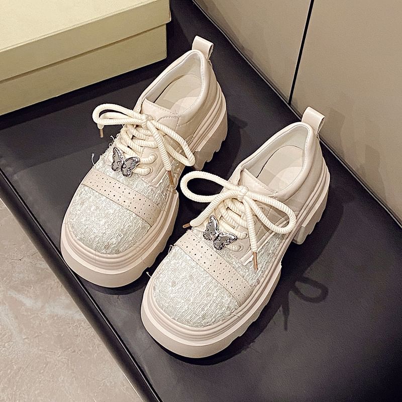 Platform Lace-Up Shoes Panel Brogue Leather Faux Tweed