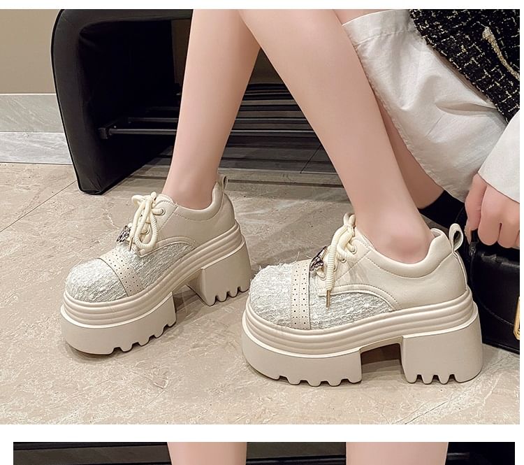 Platform Lace-Up Shoes Panel Brogue Leather Faux Tweed