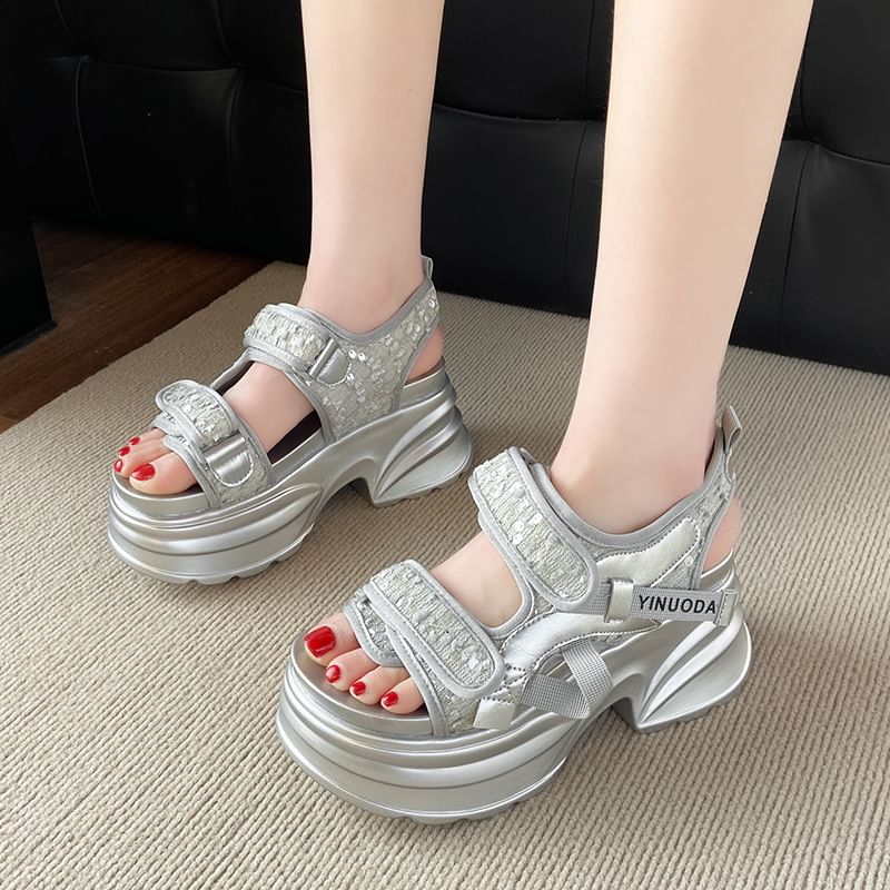Platform Strap Adhesive Sequin Sandals Slingback