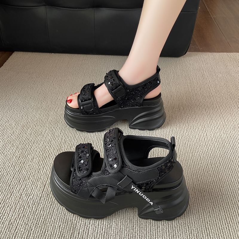 Platform Strap Adhesive Sequin Sandals Slingback