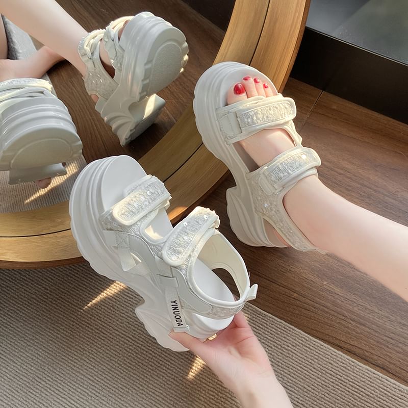 Platform Strap Adhesive Sequin Sandals Slingback