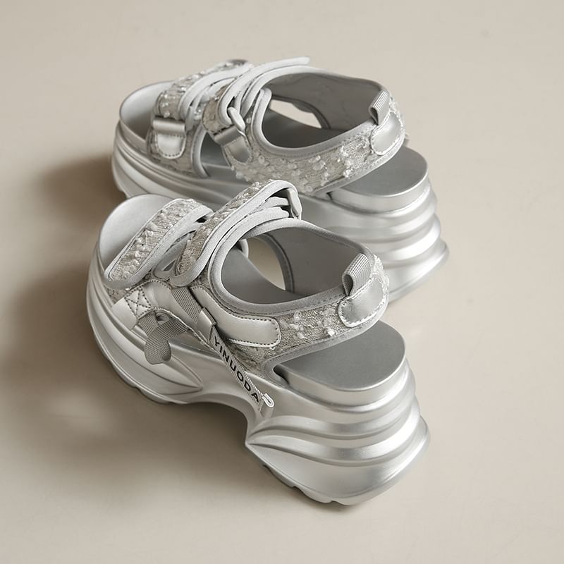 Platform Strap Adhesive Sequin Sandals Slingback