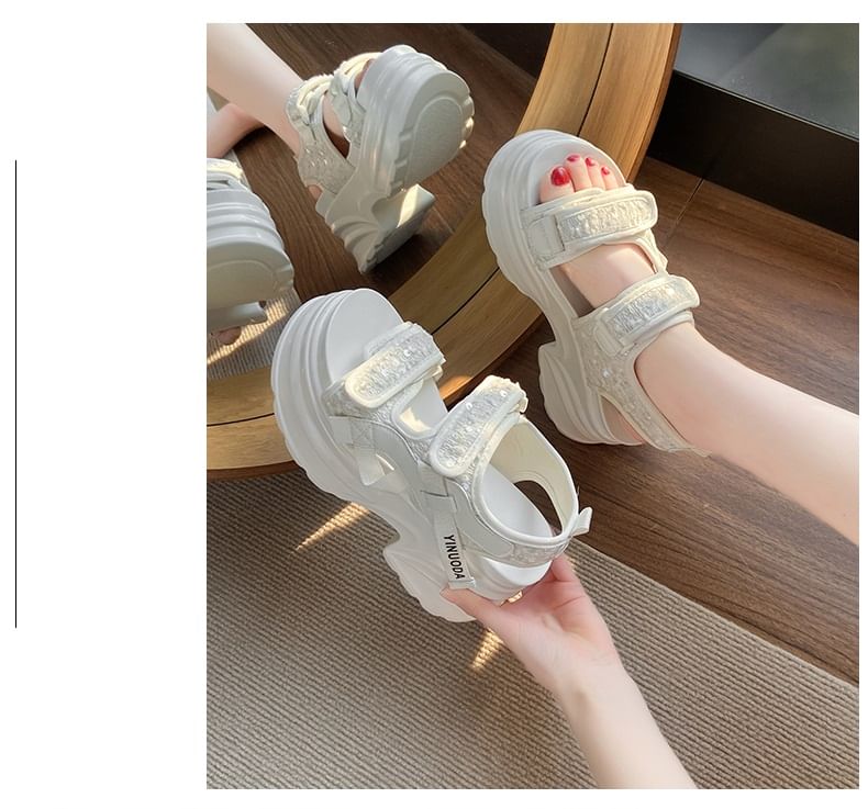 Platform Strap Adhesive Sequin Sandals Slingback
