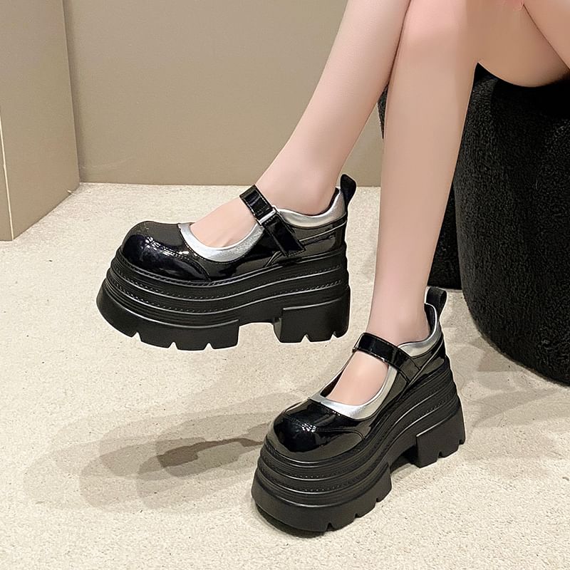 Platform Jane Leather Shoes Faux Strap Adhesive Mary