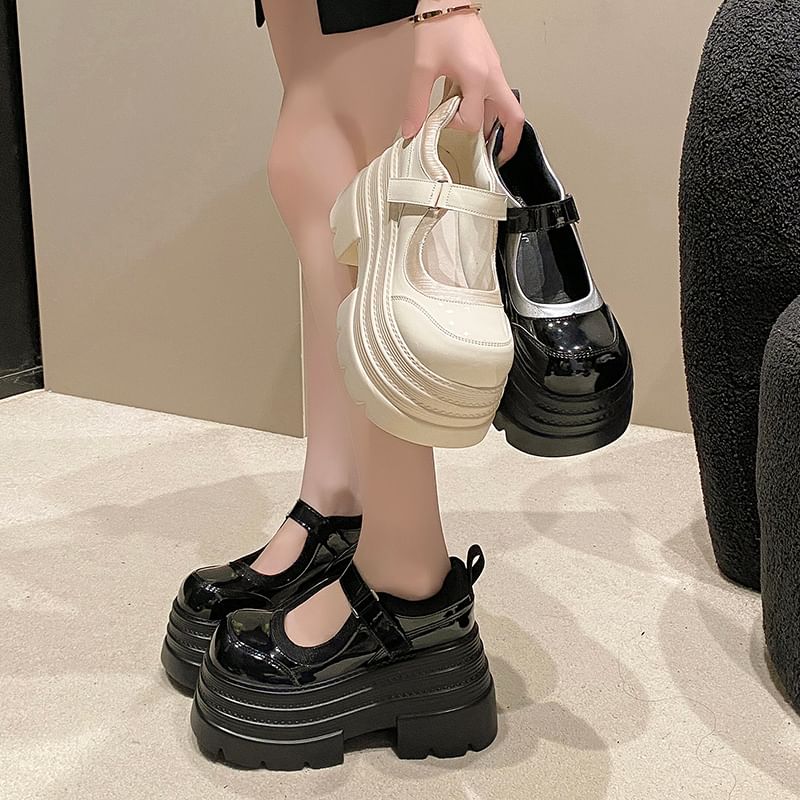 Platform Jane Leather Shoes Faux Strap Adhesive Mary