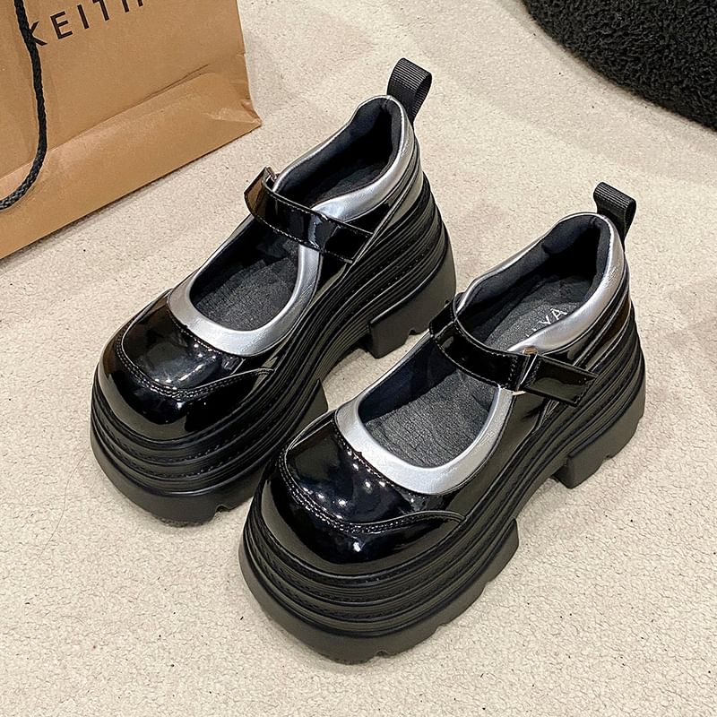 Platform Jane Leather Shoes Faux Strap Adhesive Mary