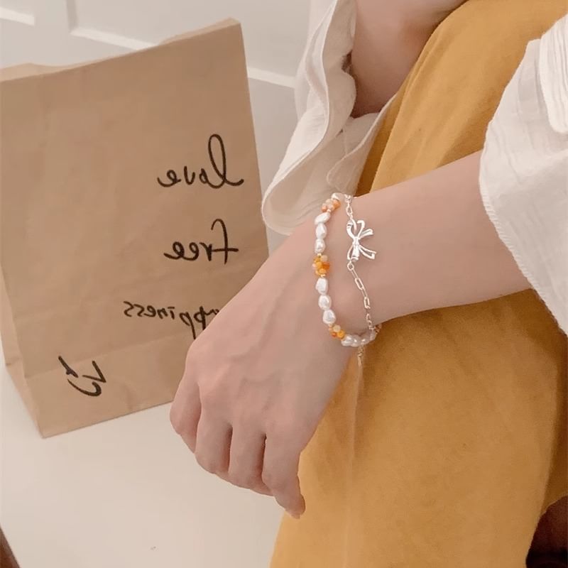 925 Silver / Beaded Bow Sterling Pearl Natural Bracelet