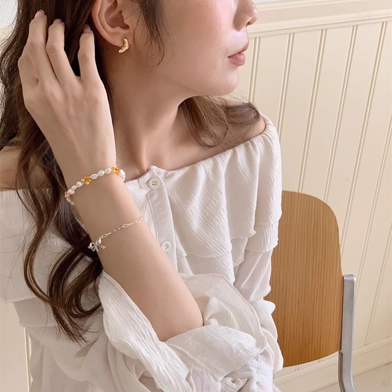 925 Silver / Beaded Bow Sterling Pearl Natural Bracelet