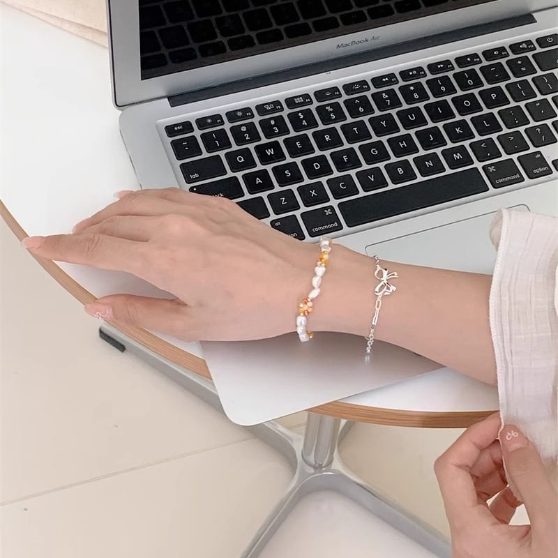 925 Silver / Beaded Bow Sterling Pearl Natural Bracelet