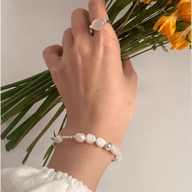 Silver Faux Pearl Beaded 925 Sterling Bracelet