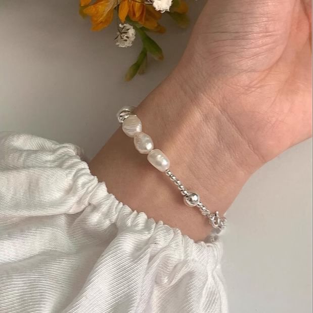 Silver Faux Pearl Beaded 925 Sterling Bracelet