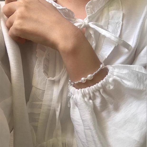 Silver Faux Pearl Beaded 925 Sterling Bracelet