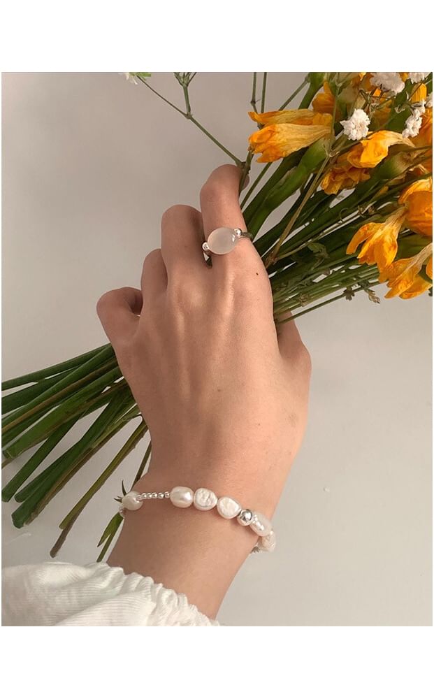 Silver Faux Pearl Beaded 925 Sterling Bracelet