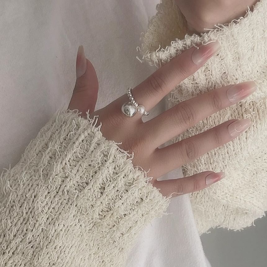 Silver Pearl Sterling 925 Elastic Beaded Faux Ring