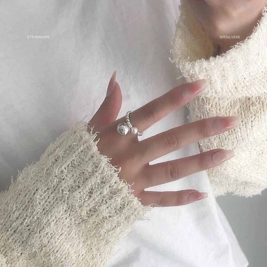 Silver Pearl Sterling 925 Elastic Beaded Faux Ring