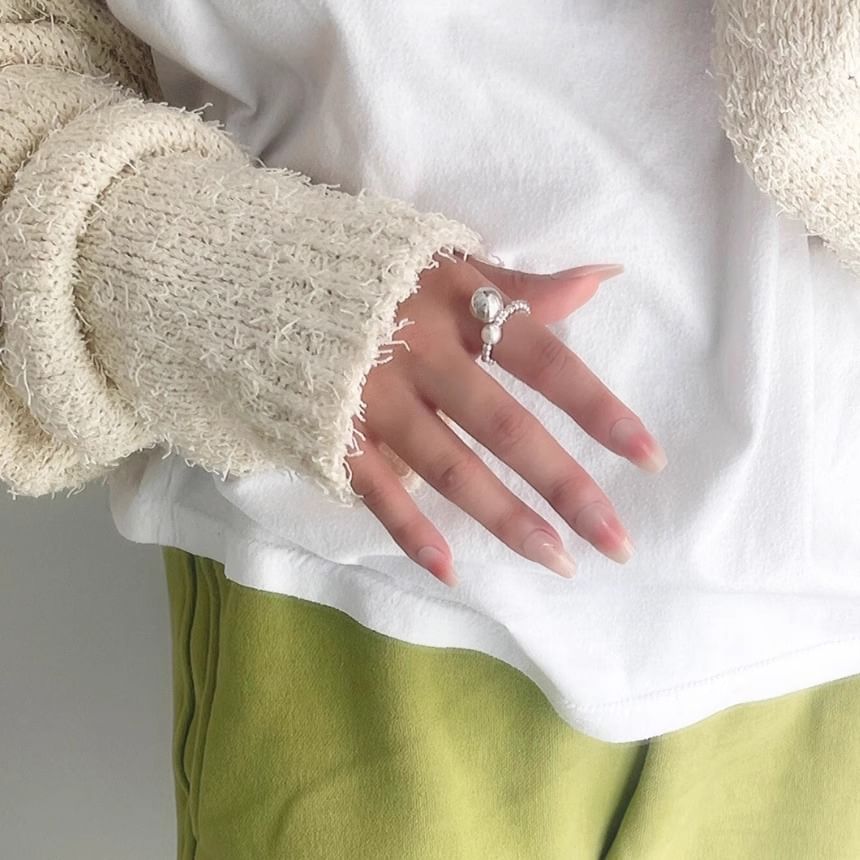 Silver Pearl Sterling 925 Elastic Beaded Faux Ring