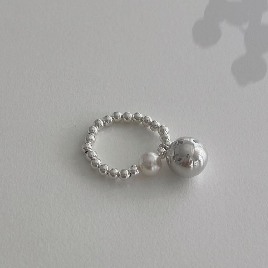 Silver Pearl Sterling 925 Elastic Beaded Faux Ring