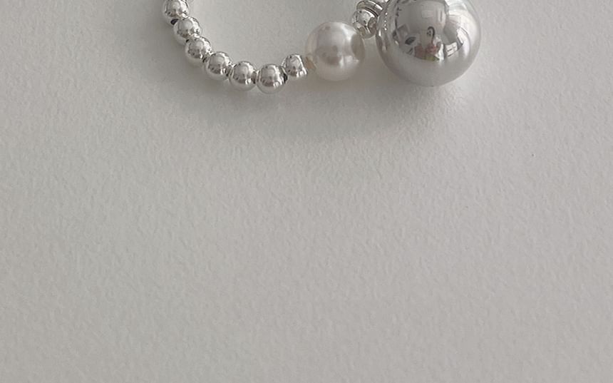 Silver Pearl Sterling 925 Elastic Beaded Faux Ring