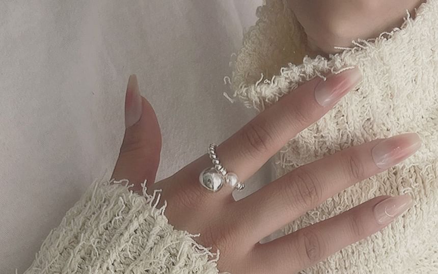 Silver Pearl Sterling 925 Elastic Beaded Faux Ring