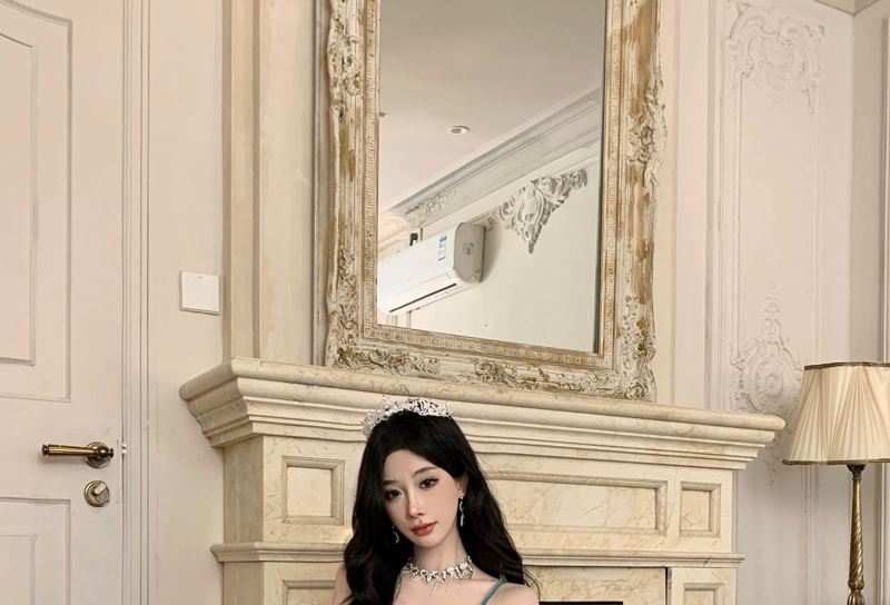 Ruched Strap Neck Mermaid Plain Spaghetti Scoop gown Evening