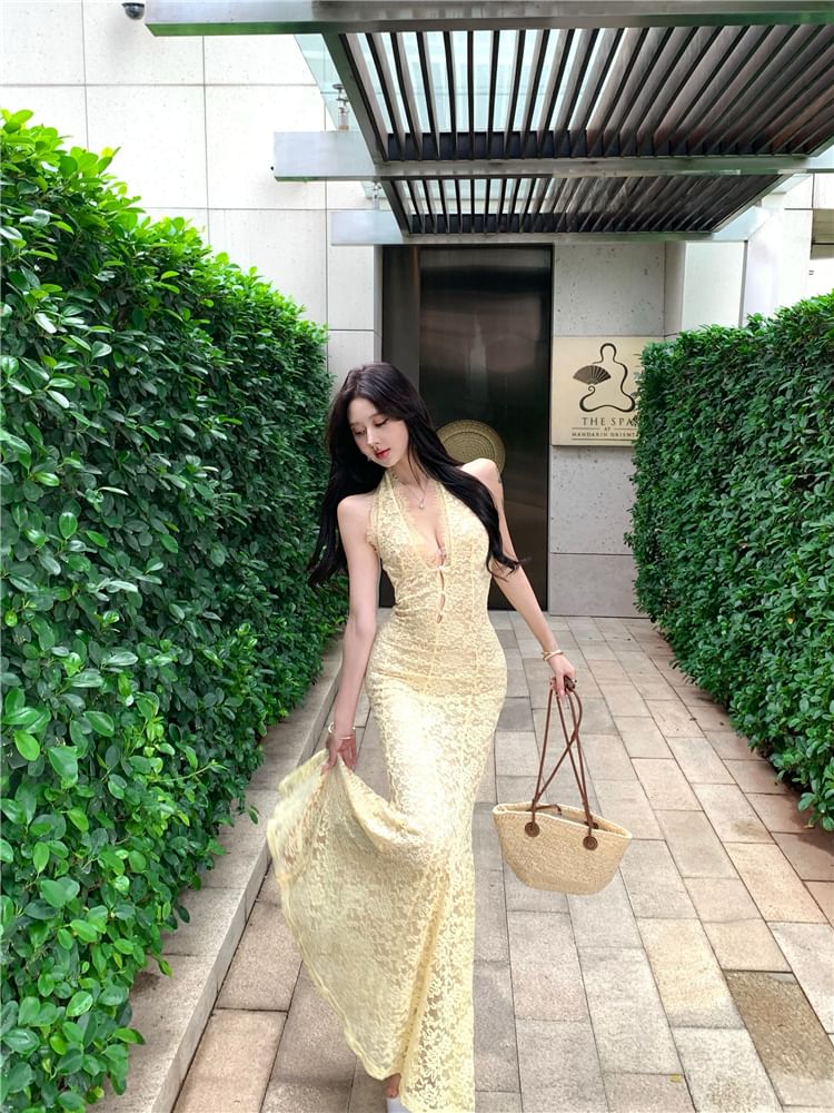 Lace Mermaid Halter V-Neck Gown Evening