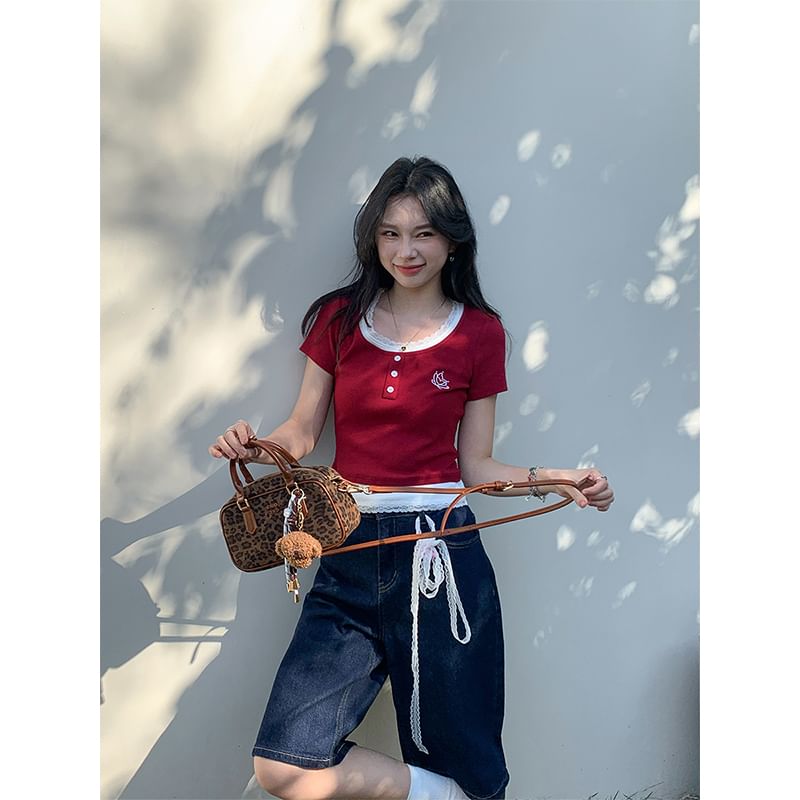 Square Neck Crop Top Two-Piece Mock Short-Sleeve