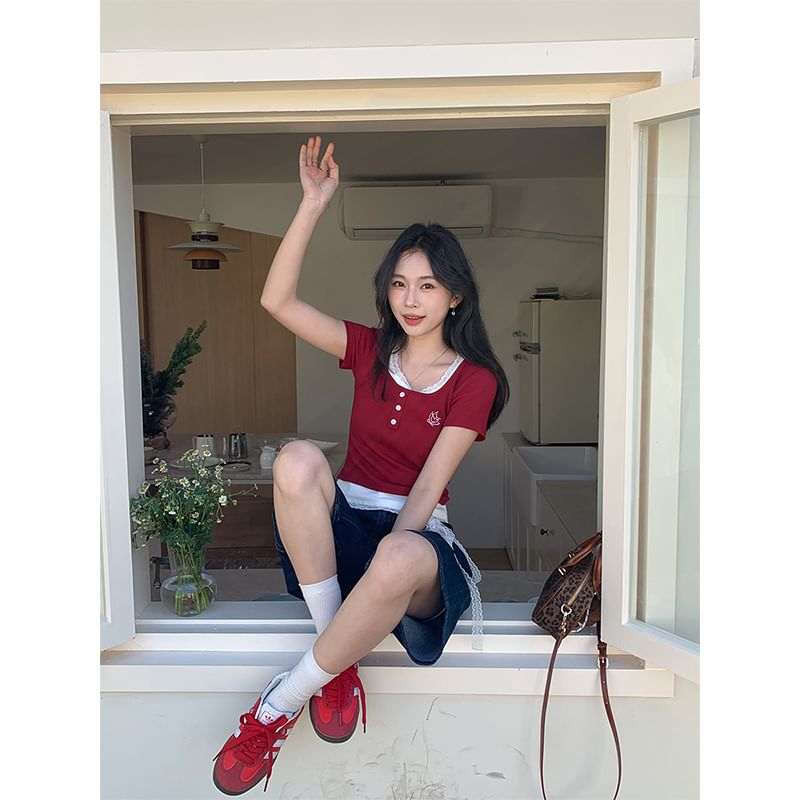 Square Neck Crop Top Two-Piece Mock Short-Sleeve