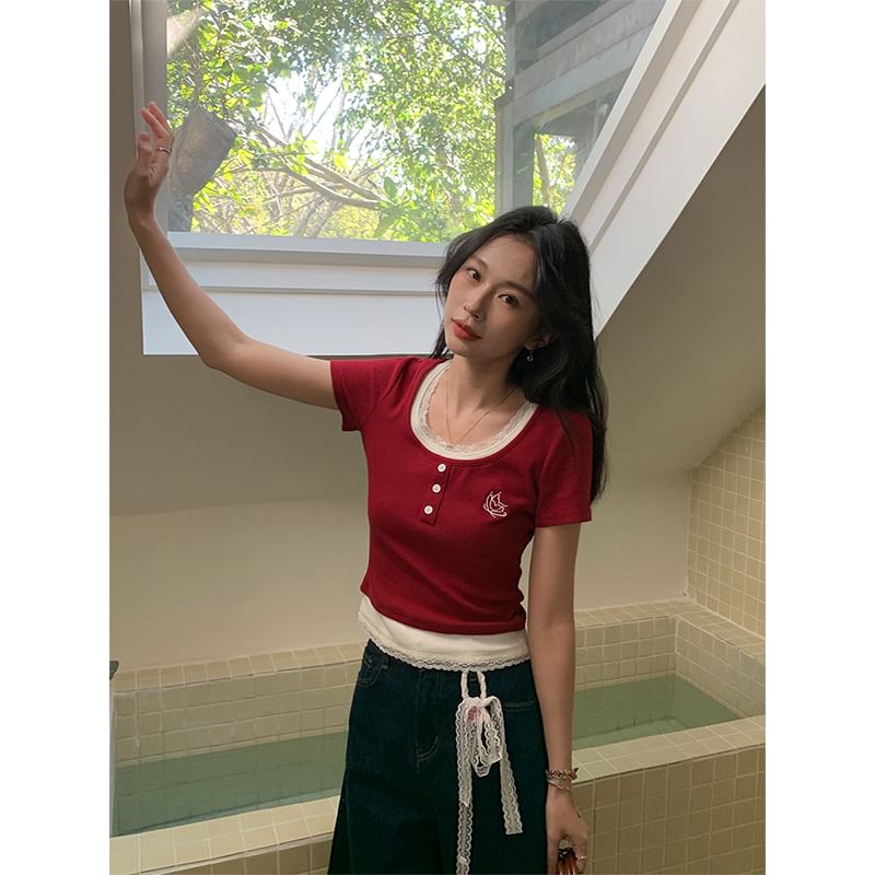 Square Neck Crop Top Two-Piece Mock Short-Sleeve