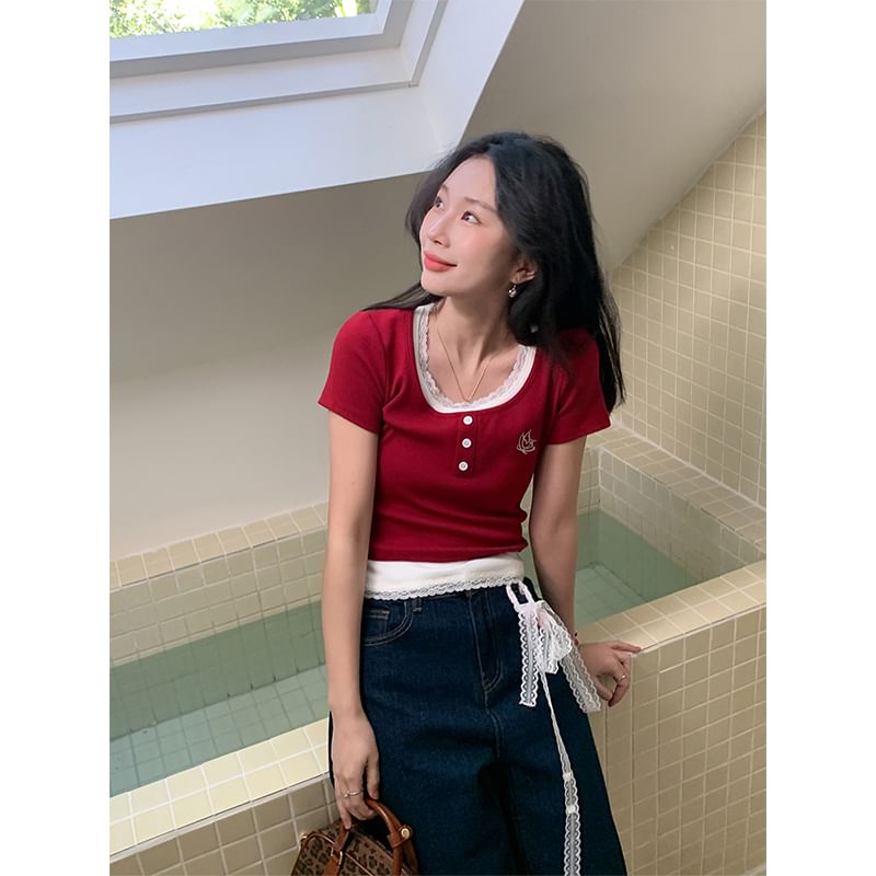 Square Neck Crop Top Two-Piece Mock Short-Sleeve