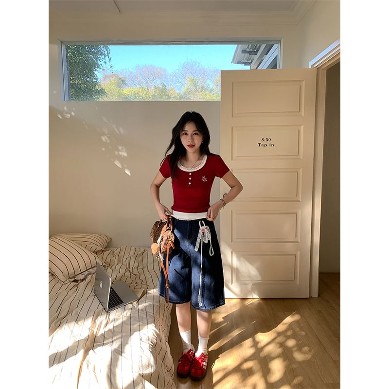 Square Neck Crop Top Two-Piece Mock Short-Sleeve