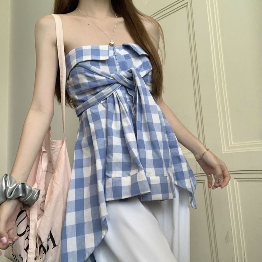 Asymmetrical Tube Top Plaid