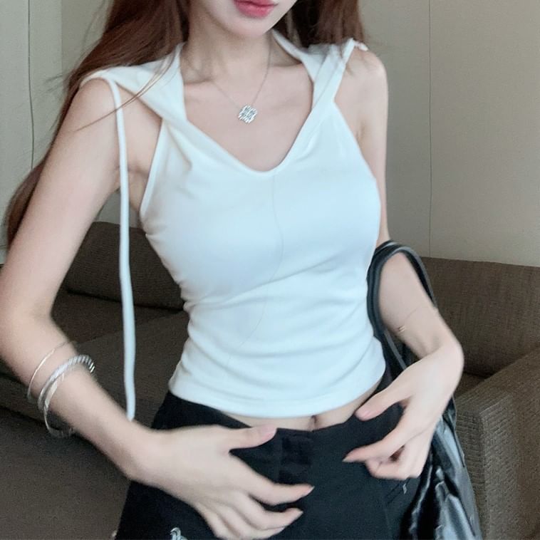 Sleeveless Plain Crop Hooded Top V-Neck