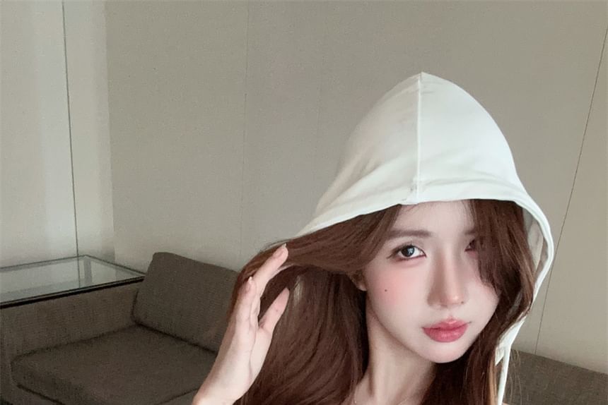 Sleeveless Plain Crop Hooded Top V-Neck