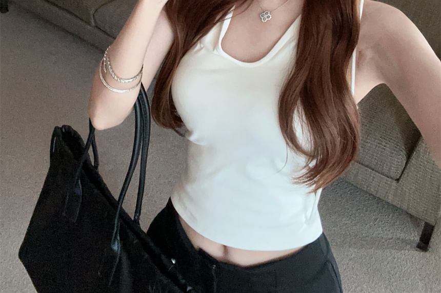 Sleeveless Plain Crop Hooded Top V-Neck