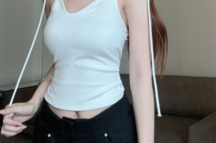 Sleeveless Plain Crop Hooded Top V-Neck