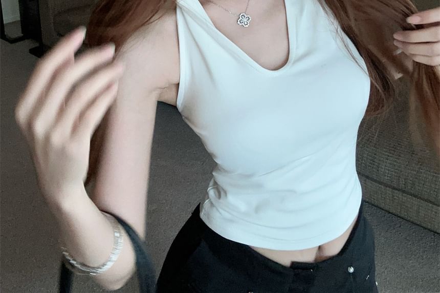 Sleeveless Plain Crop Hooded Top V-Neck