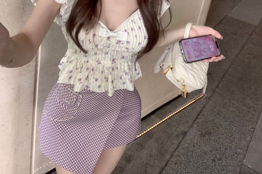 High Floral Peplum Mini Plaid Cropped Skirt Bow Blouse / Pencil Puff-Sleeve Rise Asymmetrical