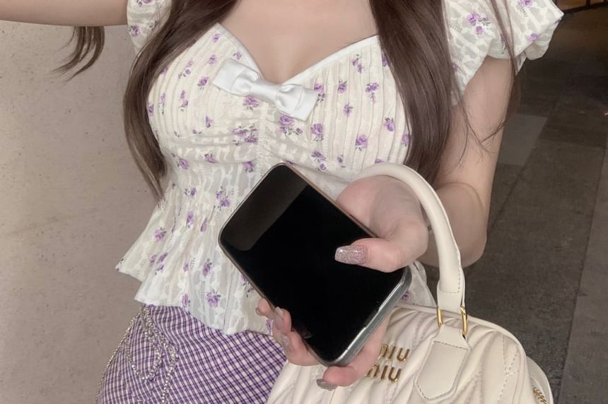 High Floral Peplum Mini Plaid Cropped Skirt Bow Blouse / Pencil Puff-Sleeve Rise Asymmetrical