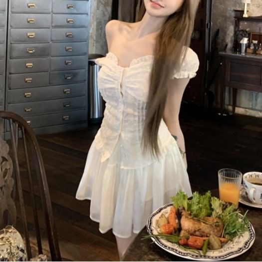 Blouse Skirt High Panel A-Line Slim / Lace Waist Fit Short-Sleeve Mini