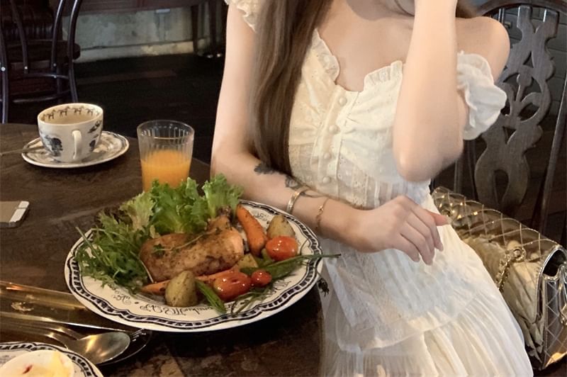 Blouse Skirt High Panel A-Line Slim / Lace Waist Fit Short-Sleeve Mini