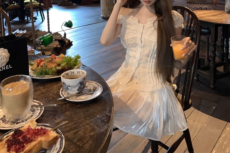 Blouse Skirt High Panel A-Line Slim / Lace Waist Fit Short-Sleeve Mini