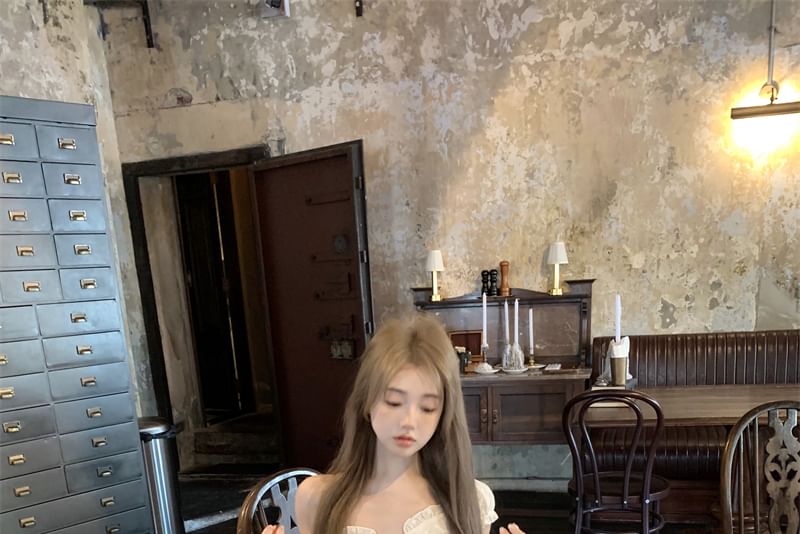 Blouse Skirt High Panel A-Line Slim / Lace Waist Fit Short-Sleeve Mini