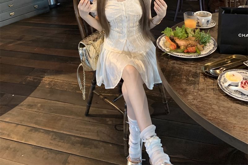 Blouse Skirt High Panel A-Line Slim / Lace Waist Fit Short-Sleeve Mini